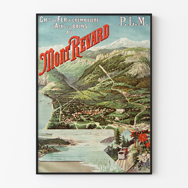 Vintage-Plakat «Aix-les-Bains, Mont-Revard, crémaillère», in einem schlanken Rahmen an einer hellen Wand präsentiert.