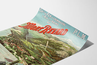 Manifesto vintage Aix-les-Bains, Mont-Revard, cremagliera, mostrato su una pagina curva, vista prospettica.