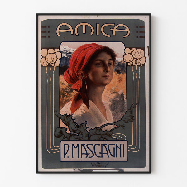 Vintage poster Amica, opera, displayed in a slim frame on a light wall.