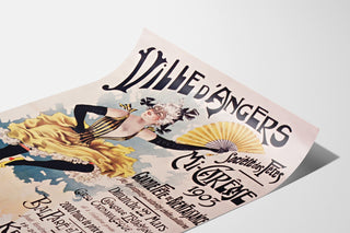 Vintage-Poster Angers, Mi-Carême, präsentiert auf einem gebogenen Blatt, perspektivische Ansicht.