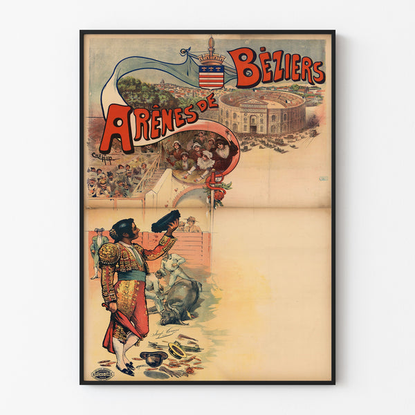 Vintage Béziers Arenas poster, displayed in a thin frame on a light wall.