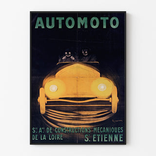 Vintage-Poster Automoto, Saint-Étienne, in einem schmalen Rahmen an einer hellen Wand.