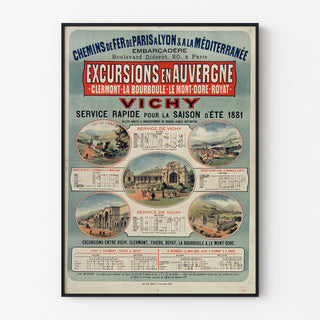 Vintage-Plakat Auvergne, Ausflüge PLM, in einem feinen Rahmen an einer hellen Wand.