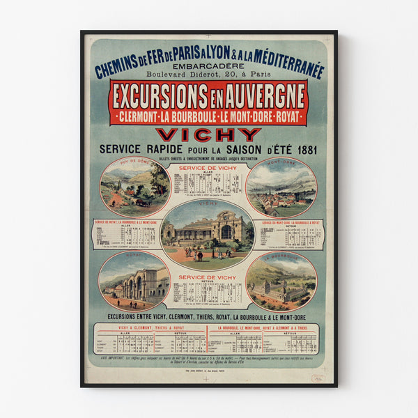Vintage-Plakat Auvergne, Ausflüge PLM, in einem feinen Rahmen an einer hellen Wand.