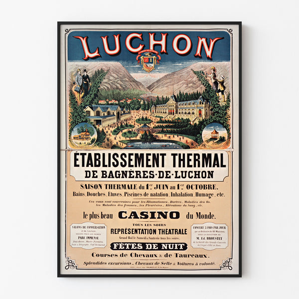 Vintage Bagnères-de-Luchon poster, spa resort, displayed in a thin frame on a light wall.