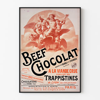Manifesto vintage Beef Chocolat, cioccolateria della Drôme, in cornice sottile su una parete chiara.