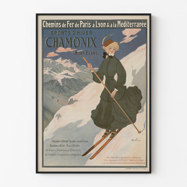 Vintage Chamonix poster, winter sports PLM, displayed in a thin frame on a light wall.
