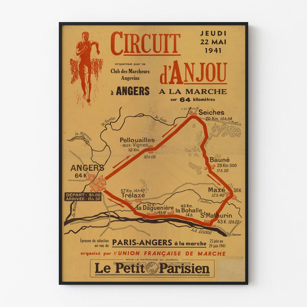 Vintage Circuit d'Anjou, walking poster in a thin frame on a light wall.