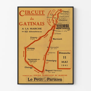 Manifesto vintage Circuit du Gâtinais, cammino, presentato in una cornice sottile su una parete chiara.