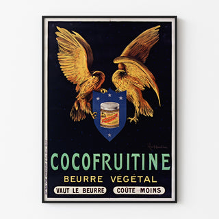 Manifesto vintage Cocofruitine, burro vegetale, esposto in una cornice sottile su una parete chiara.