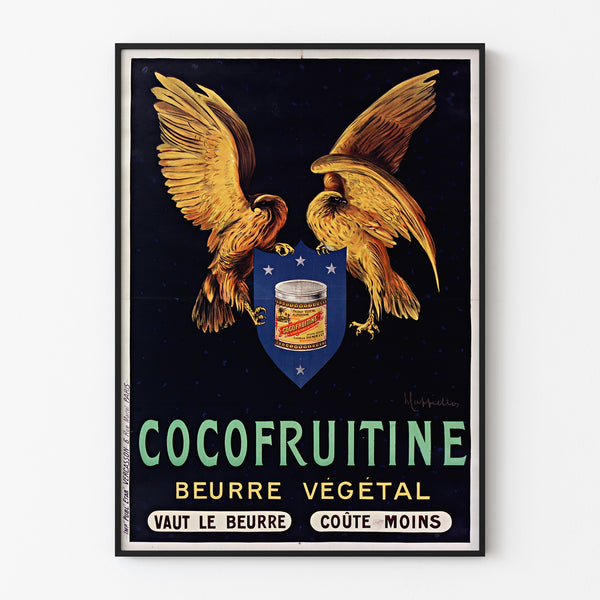 Manifesto vintage Cocofruitine, burro vegetale, esposto in una cornice sottile su una parete chiara.