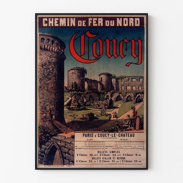 Vintage Coucy poster, Chemins de Fer du Nord, shown in a slim frame on a light wall.