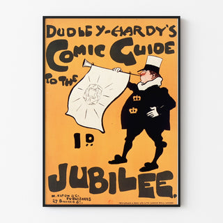 Vintage-Plakat Dudley Hardy, comic guide, in einem schmalen Rahmen an einer hellen Wand präsentiert.