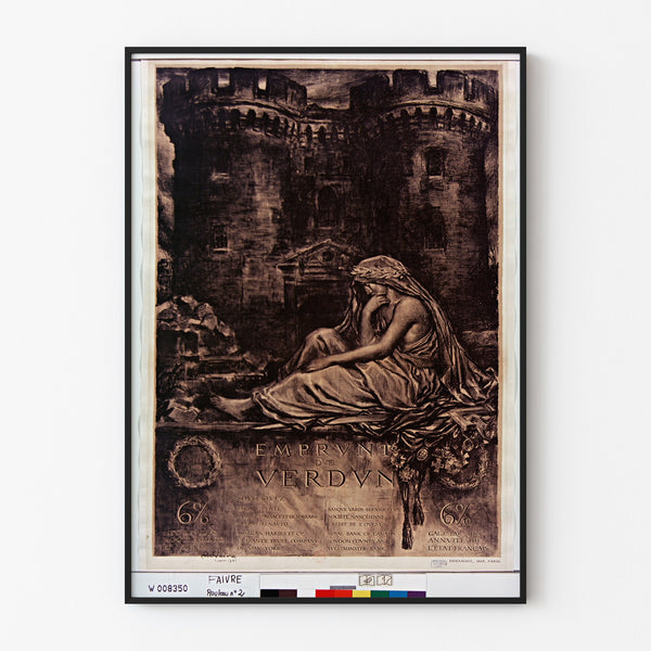 Vintage Verdun poster, Emprunt de Verdun... 6%, shown in a slim frame on a light wall.