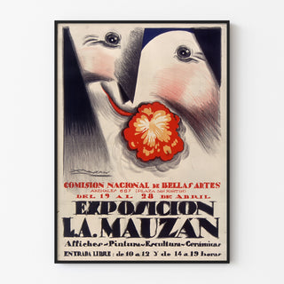 Vintage-Plakat Ausstellung Achille Mauzan, in einem schmalen Rahmen an einer hellen Wand.