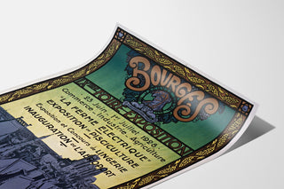 Vintage Bourges Fair-Exhibition poster, shown on a curled sheet in perspective.