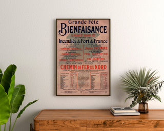 Poster vintage Fort-de-France, festa di beneficenza, incorniciato sopra una cassettiera in legno, tra piante.