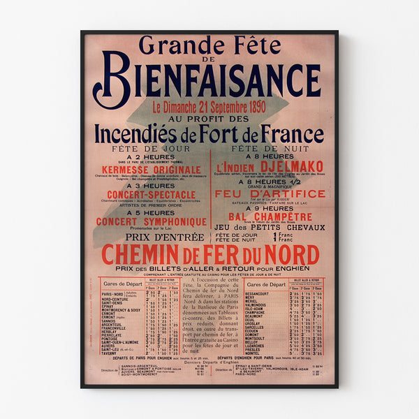 Vintage Fort-de-France charity fête poster, framed in a thin frame on a light wall.