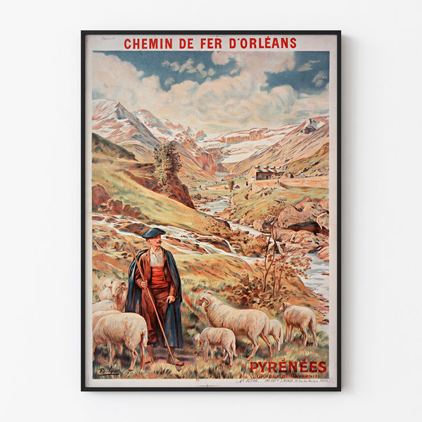 Vintage-Poster Gavarnie, Chemin de fer d’Orléans, in einem dünnen Rahmen an einer hellen Wand.