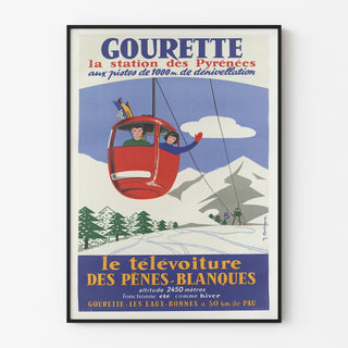 Vintage-Poster Gourette, Télévoiture, in einem dünnen Rahmen an einer hellen Wand.