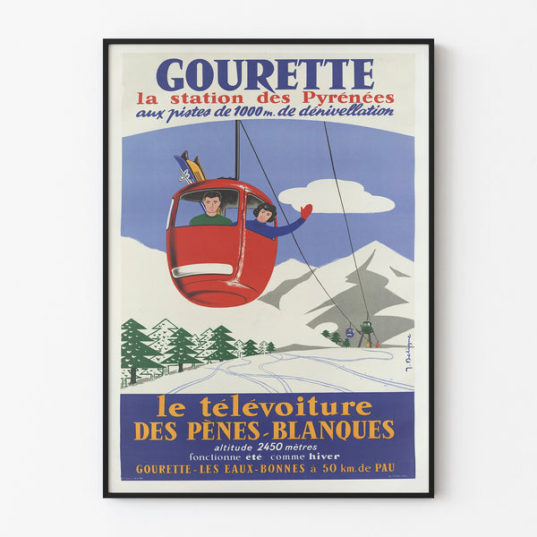 Vintage Gourette Télévoiture poster, shown in a thin frame on a pale wall.