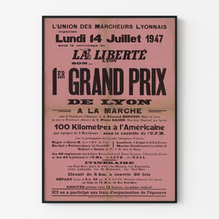 Vintage Grand Prix de Lyon walking race poster, displayed in a slim frame on a light wall.