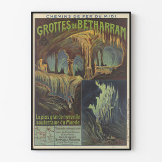 Vintage Grottes de Bétharram poster, shown in a thin frame on a pale wall.