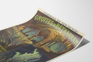 Vintage Grottes de Bétharram poster, presented on a curled sheet, seen in perspective.