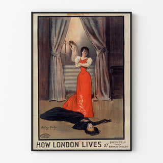 Manifesto vintage How London Lives, Surrey Theatre, esposto in una cornice sottile su una parete chiara.