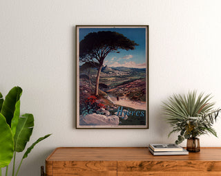 Vintage Hyères poster, framed above a wooden dresser, between plants.