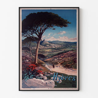 Vintage Hyères poster, shown in a slim frame on a light wall.