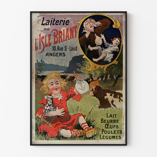 Vintage-Poster Laiterie de l’Isle Briant, Angers, in einem schmalen Rahmen an einer hellen Wand.