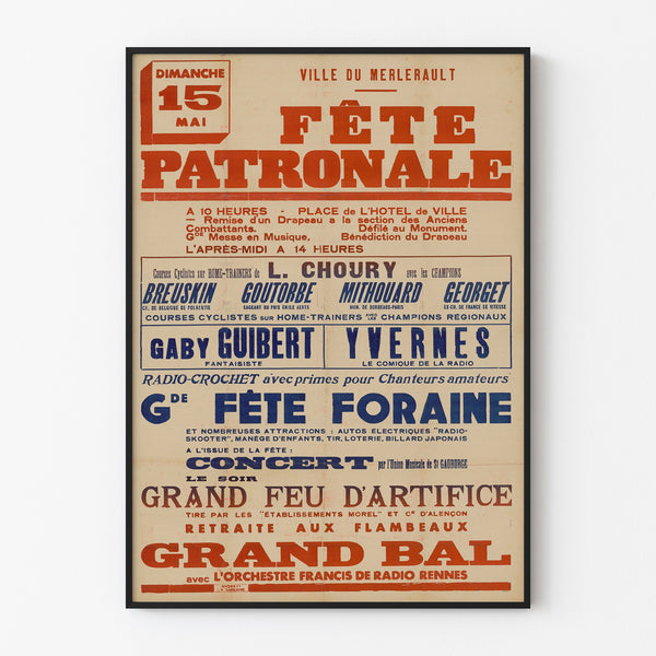 Vintage Le Merlerault poster, village fête, shown in a slim frame on a light wall.