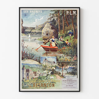 Manifesto vintage Les Brenets — PLM, bagni salini a Besançon, in cornice sottile su una parete chiara.