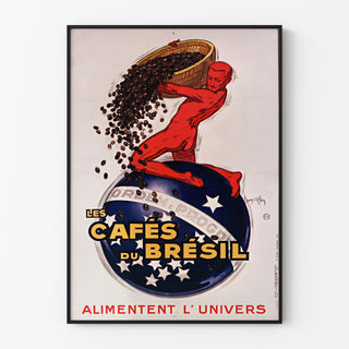 Vintage-Poster Les Cafés du Brésil, in einem dünnen Rahmen an einer hellen Wand.