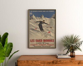 Vintage Les Eaux-Bonnes winter sports poster, framed above a wooden dresser, between plants.