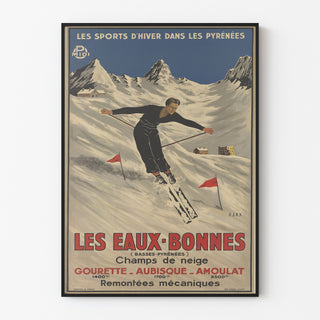 Vintage Les Eaux-Bonnes winter sports poster, shown in a thin frame on a pale wall.