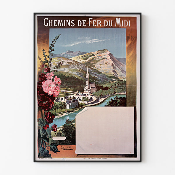 Vintage-Poster Lourdes, Chemins de fer du Midi, in einem dünnen Rahmen an einer hellen Wand.