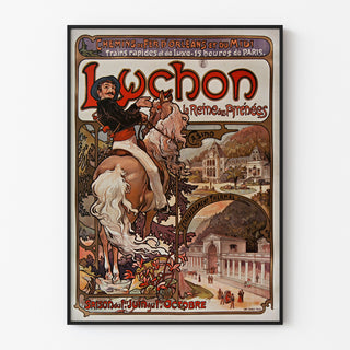 Vintage-Plakat Luchon, die Königin der Pyrenäen, in einem schmalen Rahmen an einer hellen Wand.
