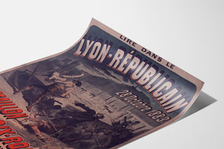 Manifesto vintage Lyon Républicain, Bataillon Croix-Rousse, mostrato su una pagina curva, vista prospettica.