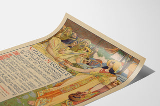 Poster vintage Marsiglia, feste del centenario, presentato su una pagina curva, visto in prospettiva.