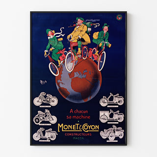 Vintage-Plakat «Monet & Goyon, machines», in einem schlanken Rahmen an einer hellen Wand präsentiert.