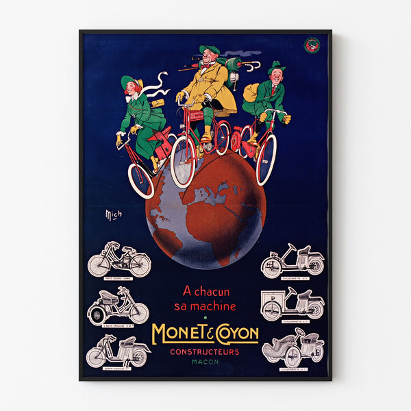 Manifesto vintage Monet & Goyon, macchine, esposto in cornice sottile su una parete chiara.