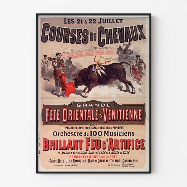 Vintage Mont-de-Marsan poster, festivals and races, shown in a slim frame on a pale wall.