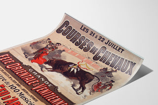 Manifesto vintage Mont-de-Marsan, feste e corse, presentato su una pagina piegata, visto in prospettiva.
