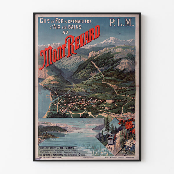 Vintage-Poster Mont-Revard, Zahnradbahn, in einem schmalen Rahmen an einer hellen Wand.