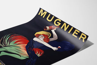 Vintage-Plakat Mugnier. Apéritif au vin de Bourgogne, auf gebogener Fläche in Perspektive gezeigt.