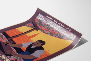 Vintage Mulhouse lithographic exhibition poster shown on a curved sheet, viewed in perspective.