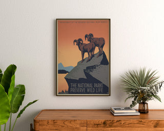 Vintage-Plakat National Parks Preserve Wild Life, gerahmt über einer Holzkommode zwischen Pflanzen.