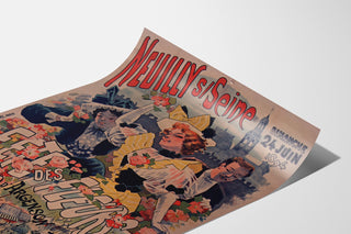 Manifesto vintage Neuilly, festa dei fiori, 1894, presentato su foglio curvato, visuale prospettica.